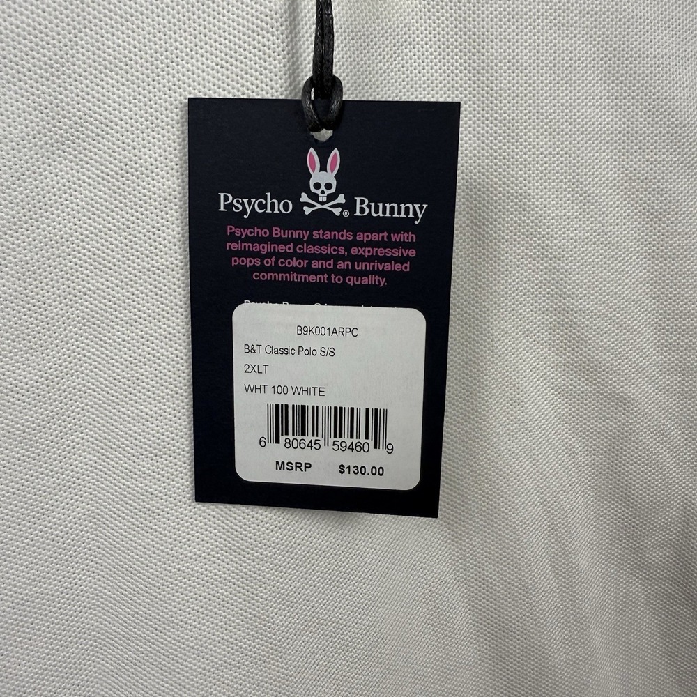 New NWT Mens Psycho Bunny White Short Sleeve Pique Classic Polo Shirt Size 2XLT - Picture 3 of 7